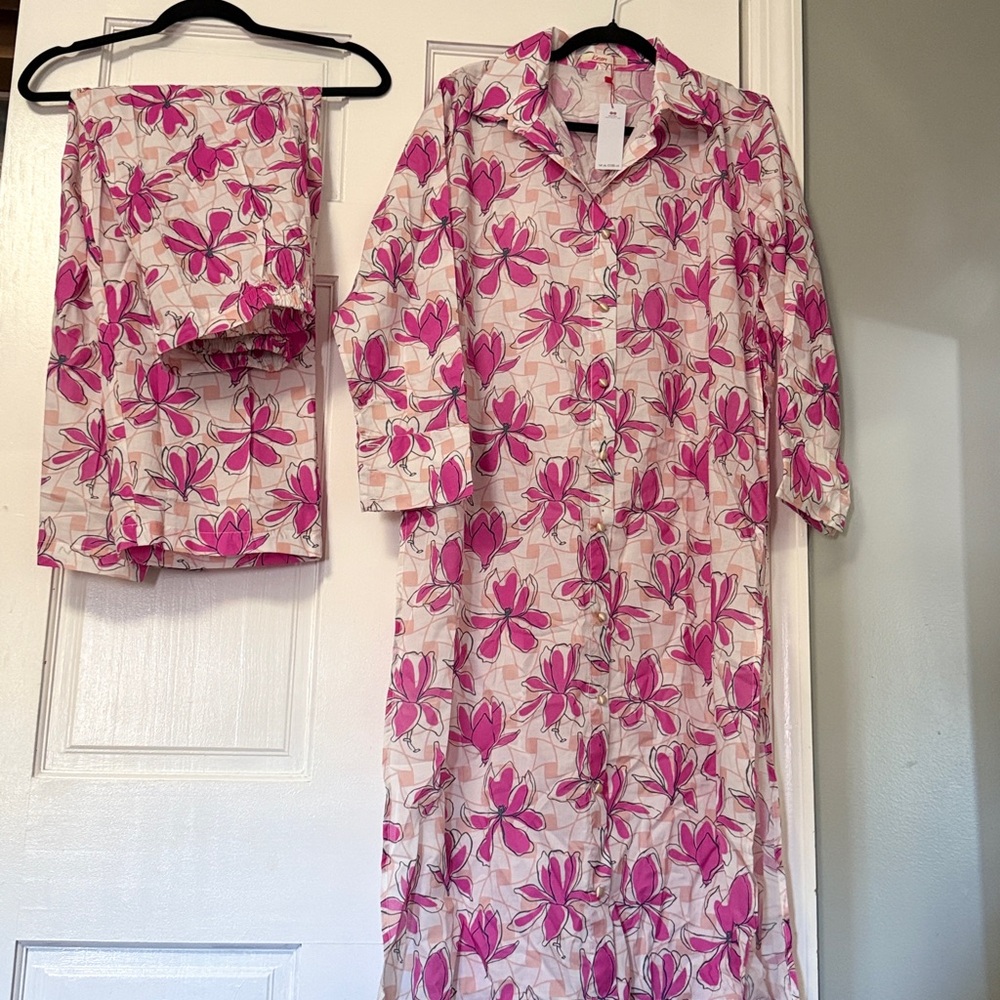 Floral Pink and White Button-Up Dress with Matching pants
